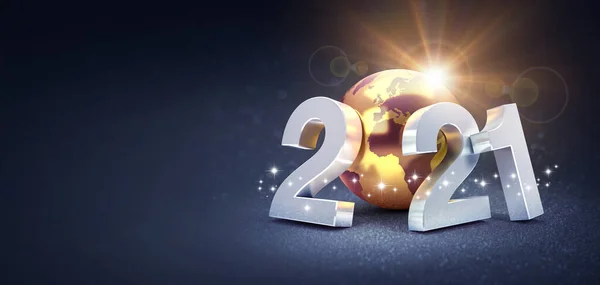 Silver Date Number 2021 Composed Gold Planet Earth Glittering Black — Stock Photo, Image