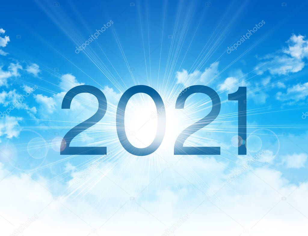 New Year 2021 date number, high in blue sky with morning sunrise, as the beginning of a new day