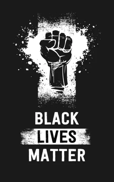 Raised fist illustration and Black Lives Matter white texte, as a symbol for resistance, on a vertical black banner