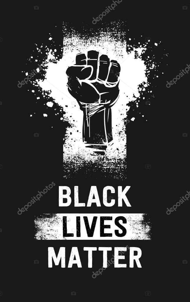 Raised fist illustration and Black Lives Matter white texte, as a symbol for resistance, on a vertical black banner
