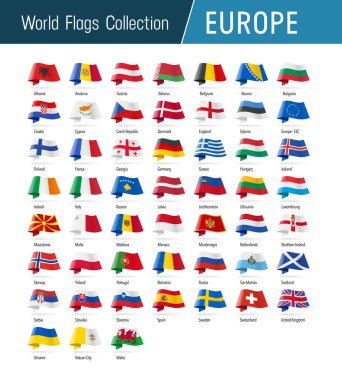 Amerika ve Okyanusya 'nın bayrakları, rüzgarda sallanıyor. Simgeler konumu, kaynağı ve dili gösteriyor. Vektör dünyası bayrakları koleksiyonu.