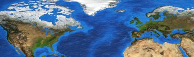Kuzey Amerika, Batı Avrupa ve Kuzey Afrika 'nın coğrafi haritası. Dünya Gezegeni 'nin ve yeryüzü şekillerinin detaylı düz görüntüsü. 3D illüstrasyon - NASA tarafından desteklenen bu görüntünün elementleri
