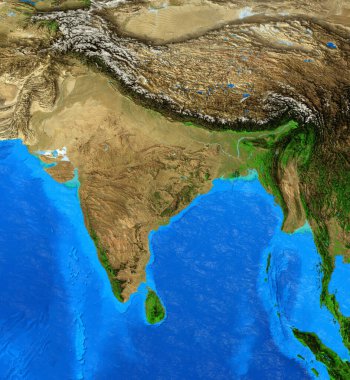 Hindistan, Nepal, Himalayalar ve Tibet 'in fiziksel haritası. Dünya Gezegeni 'nin ve yeryüzü şekillerinin detaylı düz görüntüsü. 3D illüstrasyon - NASA tarafından desteklenen bu görüntünün elementleri