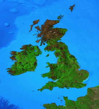 Physical map of England, Britain and Ireland. Detailed flat view of the Planet Earth and its landforms. 3D illustration - Elements of this image furnished by NASA clipart