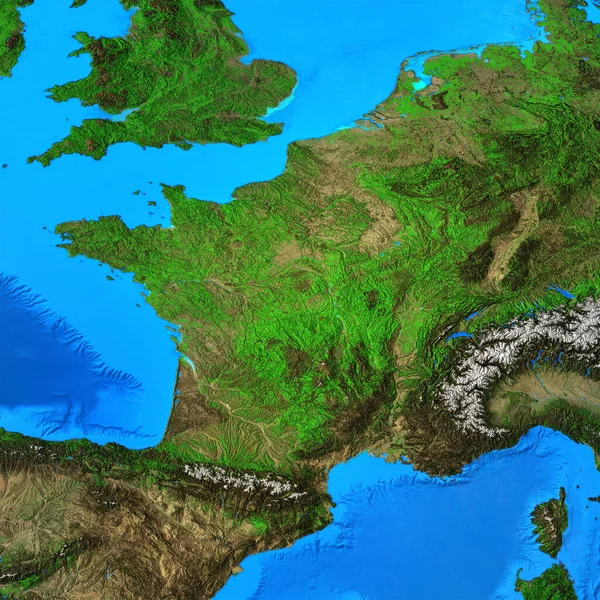 Physical map of France. Geography of French territory. Detailed flat view of the Planet Earth and its landforms. 3D illustration - Elements of this image furnished by NASA