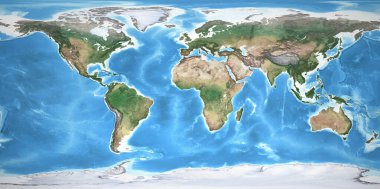 Yüksek çözünürlüklü Dünya 'nın fiziksel haritası. Dünya gezegeninin düzleştirilmiş uydu görüntüsü, coğrafyası ve topografyası. 3D illüstrasyon - NASA tarafından desteklenen bu görüntünün elementleri