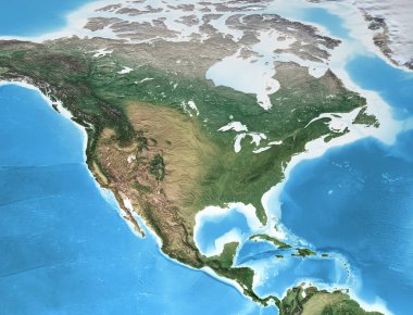 Yüksek çözünürlüklü Kuzey Amerika 'nın fiziksel haritası. Dünya gezegeninin düzleştirilmiş uydu görüntüsü, coğrafyası ve topografyası. 3D illüstrasyon - NASA tarafından desteklenen bu görüntünün elementleri