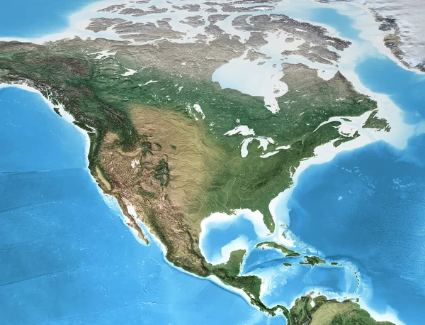 北美的物理地图 高分辨率细节 关于行星地球 其地理和地形的平坦卫星视图 3D插图 美国国家航空航天局提供的图像元素 — 图库照片