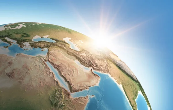 Sun shining over a high detailed view of Planet Earth, focused on Middle East and Arabian Peninsula. 3D illustration - Elements of this image furnished by NASA