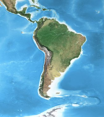 Physical map of South America, with high resolution details. Flattened satellite view of Planet Earth, its geography and topography. 3D illustration - Elements of this image furnished by NASA clipart