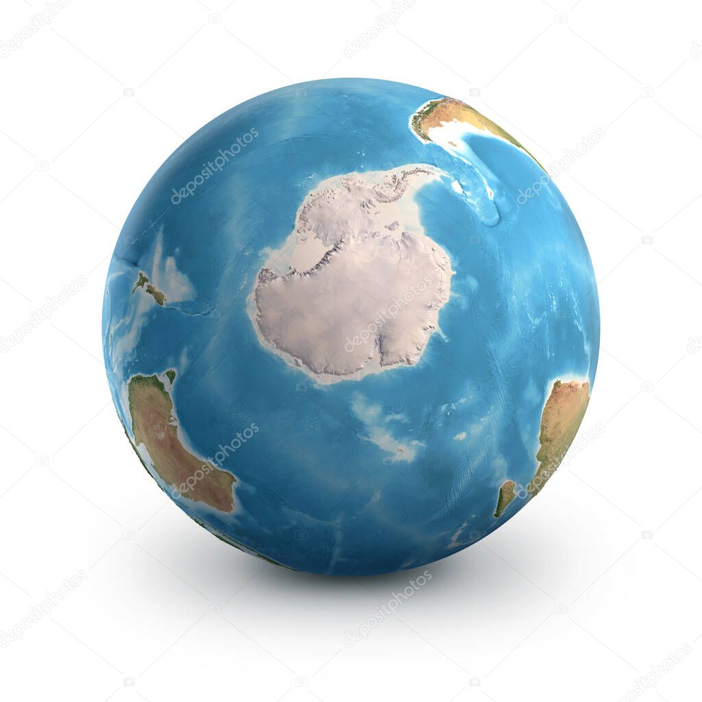 Planet Earth globe, isolated on white. Geography of the world from space, focused on South Pole and Antarctica - 3D illustration, elements of this image furnished by NASA.