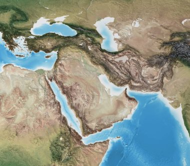 Yüksek çözünürlüklü Orta Doğu 'nun fiziksel haritası. Dünya gezegeninin düzleştirilmiş uydu görüntüsü, coğrafyası ve topografyası. 3D illüstrasyon - NASA tarafından desteklenen bu görüntünün elementleri