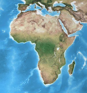 Yüksek çözünürlüklü Afrika 'nın fiziksel haritası. Dünya gezegeninin düzleştirilmiş uydu görüntüsü, coğrafyası ve topografyası. 3D illüstrasyon - NASA tarafından desteklenen bu görüntünün elementleri