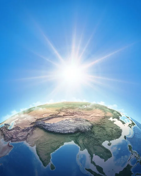 太陽は 東アジア およびヒマラヤに焦点を当てた 惑星地球の高い詳細な眺めに輝いています 3Dイラスト Nasaが提供するこの画像の要素 — ストック写真