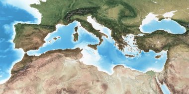 Yüksek çözünürlüklü Akdeniz bölgesinin fiziksel haritası. Gezegen Dünya 'nın düzleştirilmiş uydu görüntüsü ve topografisi. 3D illüstrasyon - NASA tarafından desteklenen bu görüntünün elementleri