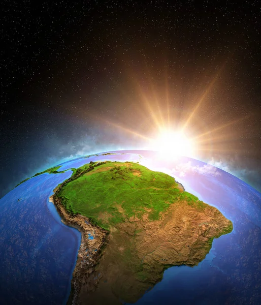 南アメリカに焦点を当てた 惑星地球上で輝く暖かい太陽 アマゾン熱帯雨林とブラジルの地球温暖化 3Dイラスト Nasaが提供するこの画像の要素 — ストック写真