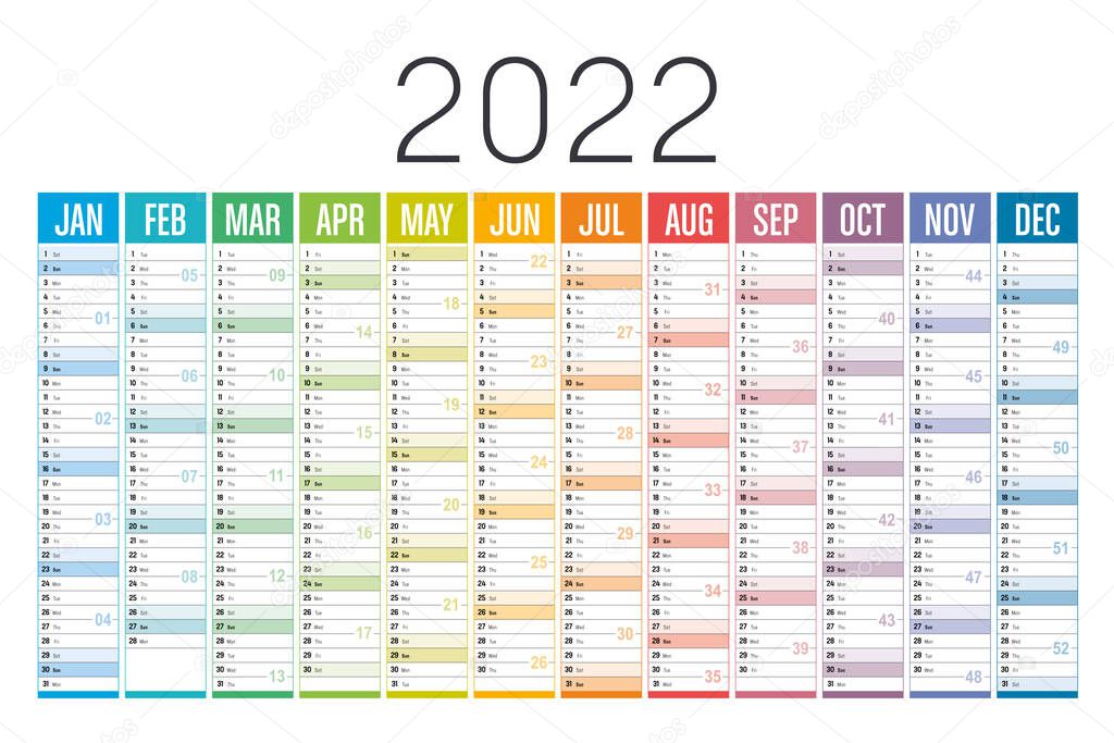 Year 2022 one page colorful calendar, on white background. Vector template.