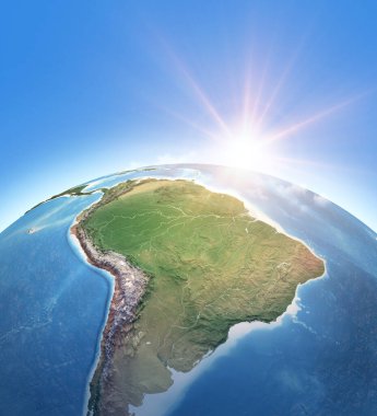 Güneş Dünya 'nın üzerinde parlıyor. Güney Amerika 'nın fiziksel haritası; Brezilya ve Amazon yağmur ormanları, And Dağları kordillerası. 3D illüstrasyon - NASA tarafından desteklenen bu görüntünün elementleri