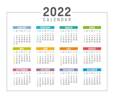 Renkli yıl 2022 takvimi beyaz arkaplanda izole edildi. Hafta pazar günü başlıyor. Vektör şablonu.