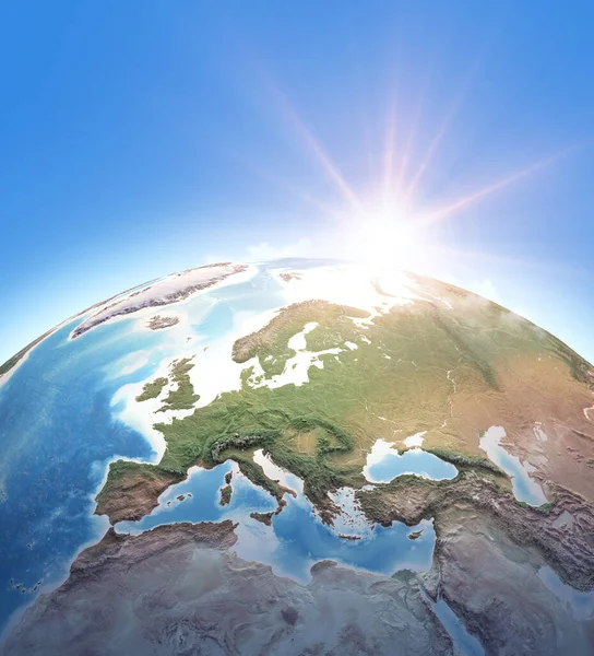 Sole Splendente Sul Pianeta Terra Mappa Fisica Dell Europa Occidentale — Foto Stock