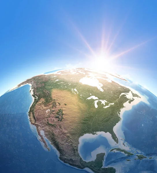 Sun Shining Planet Earth Physical Map North America Usa Canada — Stock Photo, Image