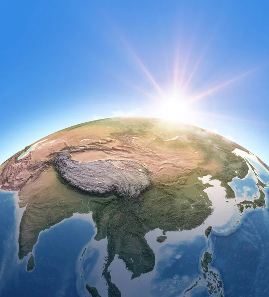 Sonne Scheint Über Dem Planeten Erde Physikalische Karte Von Südostasien — Stockfoto