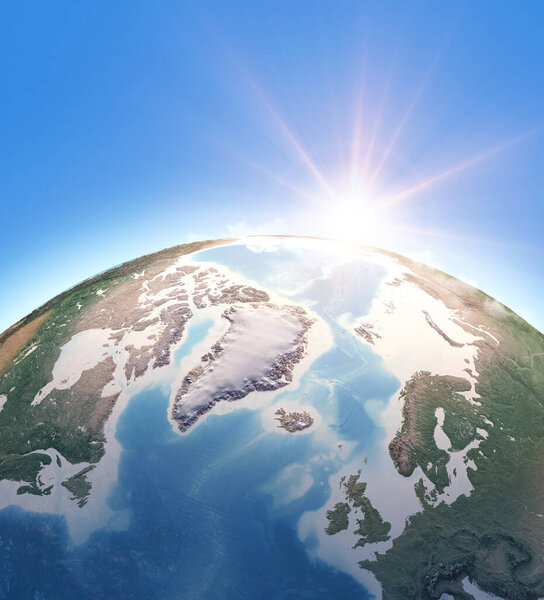 Sun shining over Planet Earth. Physical map of North Pole, Greenland and Arctic Ocean. 3D illustration - Elements of this image furnished by NASA
