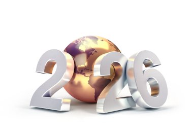 2026 tarihli altın toprak küre, beyaz üzerine izole edilmiş, yeni yıl tebrik kartı.