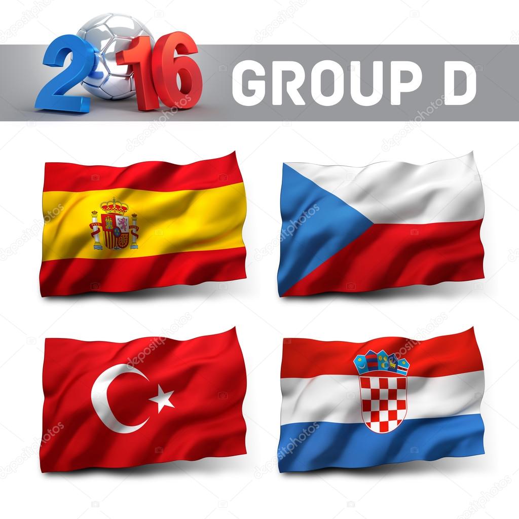 Qualifying group D with team flags. European soccer competition.