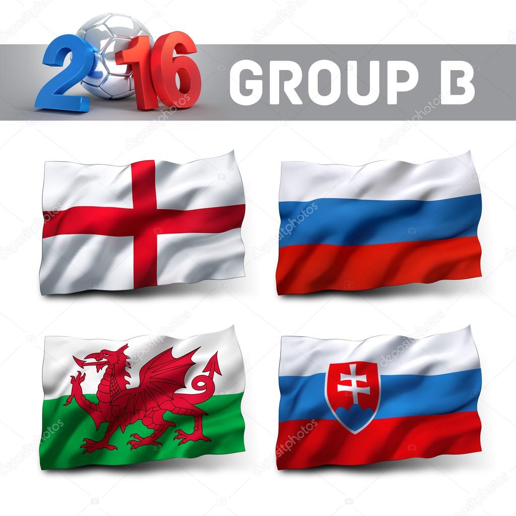 Qualifying group B with team flags. European soccer competition.