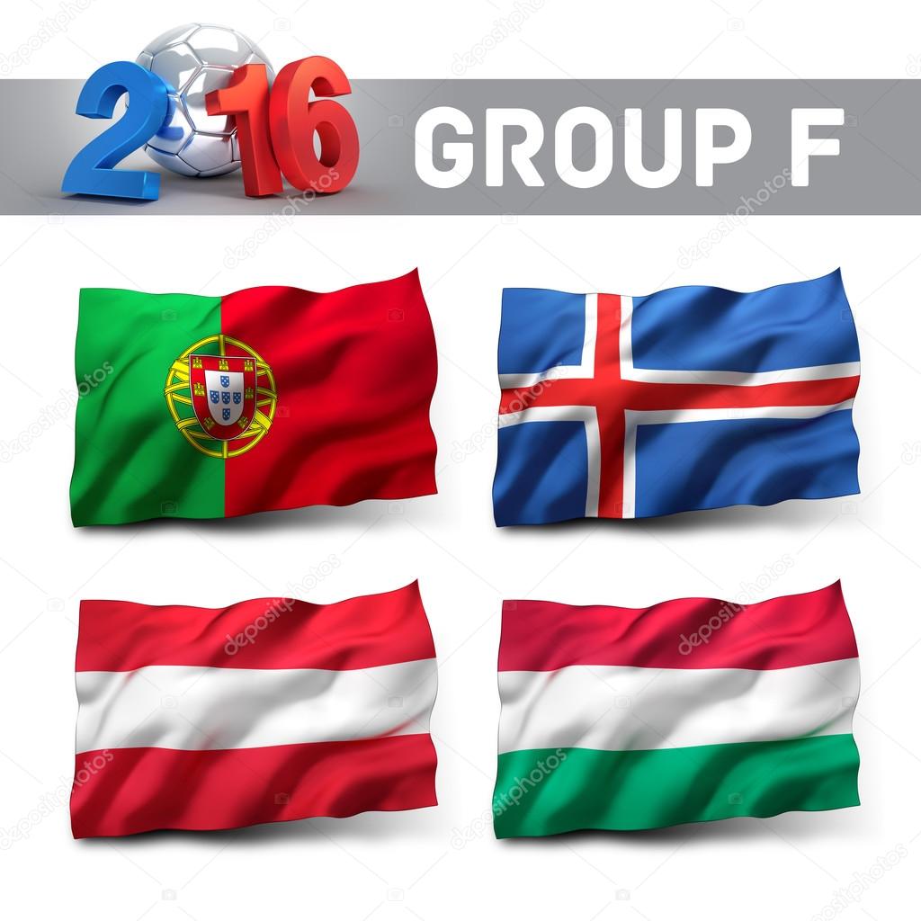 Qualifying group F with team flags. European soccer competition.
