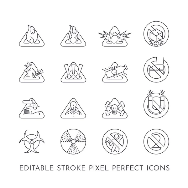 Conjunto Iconos Perfectos Píxeles Editables Sobre Tema Los Peligros — Vector de stock