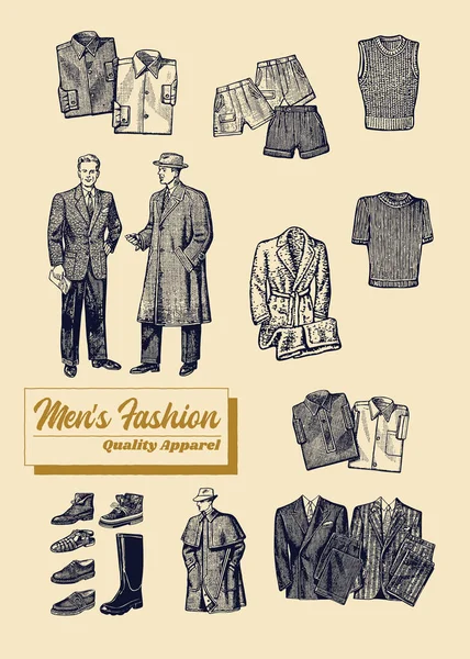 Herrkläder Kvalitet Kläder Illustration Set Retro Mode För Män Graverade — Stock vektor