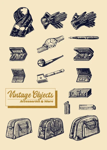 Vintage Objects Accessories More Engraving Style Drawings Old Stuff — Stock Vector