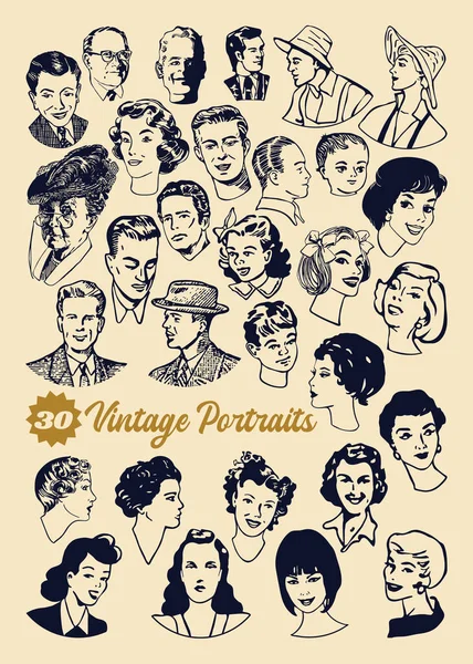 Vector Set Vintage Medal Style Portraits Hand Drawn — Stock Vector