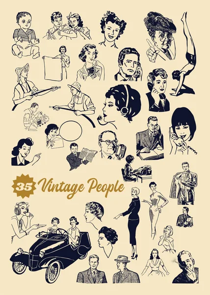 Vintage People Set Enthält Personen Unterschiedlicher Altersgruppen Rollen Berufe Männer — Stockvektor