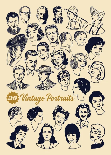 Vector Set Van Vintage Medaille Stijl Portretten Met Hand Getekend Rechtenvrije Stockillustraties