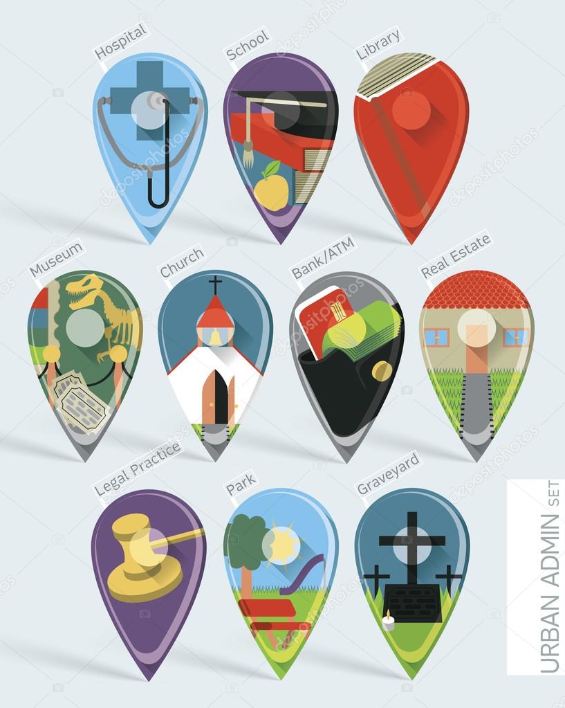 Public administration map pins set. Wonderfully designed flat set of ten map pins with long shadows created using gradient mesh. On the theme of public administration and other aspects