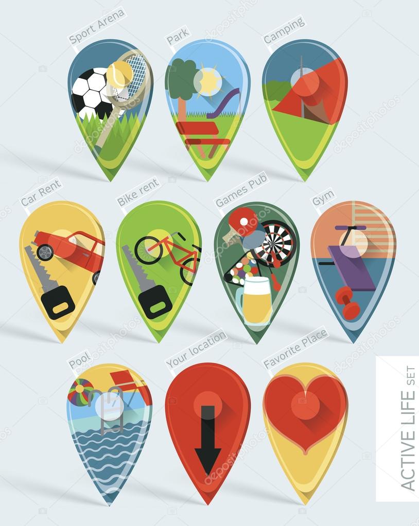 Wonderfully designed flat set of ten map pins with long shadows created using gradient mesh. These depict an active life for people that love to keep fit and travel.