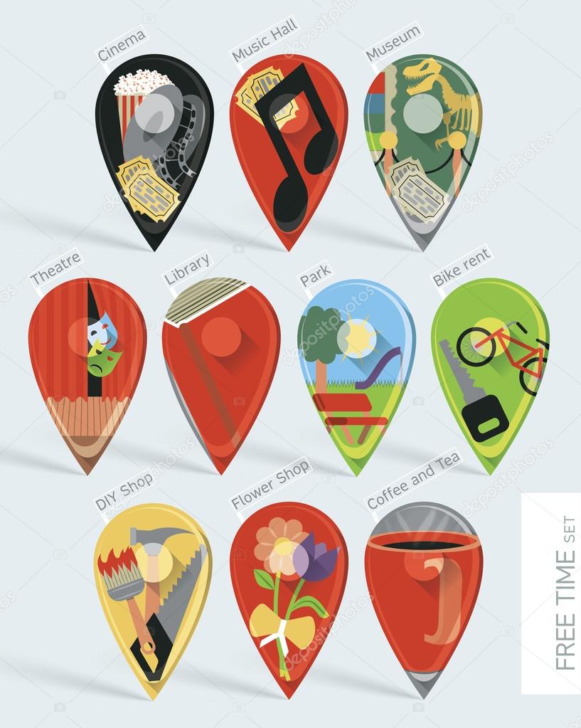 Activities for cultural or active spending of the free time. Wonderfully designed flat set of ten map pins with long shadows created using gradient mesh.