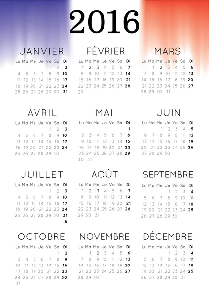 Calendario Francés 2016 con Bandera Bandera . — Vector de stock