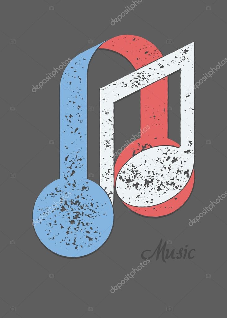 Musical note and headphones metaphorical composition with sample text. Grunge texture flat colors