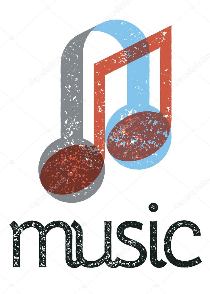 Musical note and headphones metaphorical composition with sample text. Grunge texture transparent overlay colors