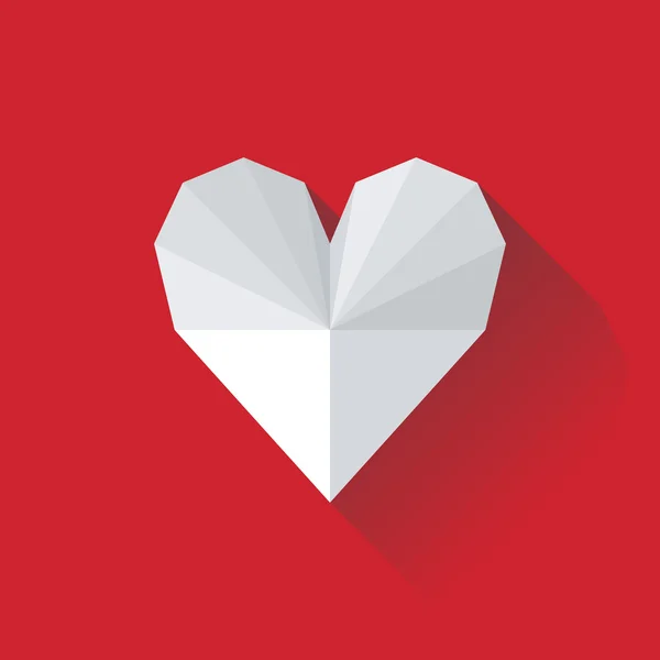 Beyaz geometrik kalp kırmızı arka plan üzerinde gölge düşüyor — Stok Vektör