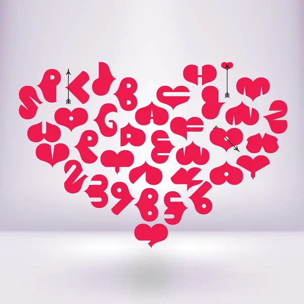 Caratteri a forma di cuore con lettere e numeri — Vettoriale Stock