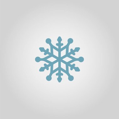 Gri arkaplanda mavi kar tanesi silueti. Beyaz arka planda izole edilmiş düz kar taneleri logosu. Yeni yıl ve kış sembolü. Vektör illüstrasyonu.