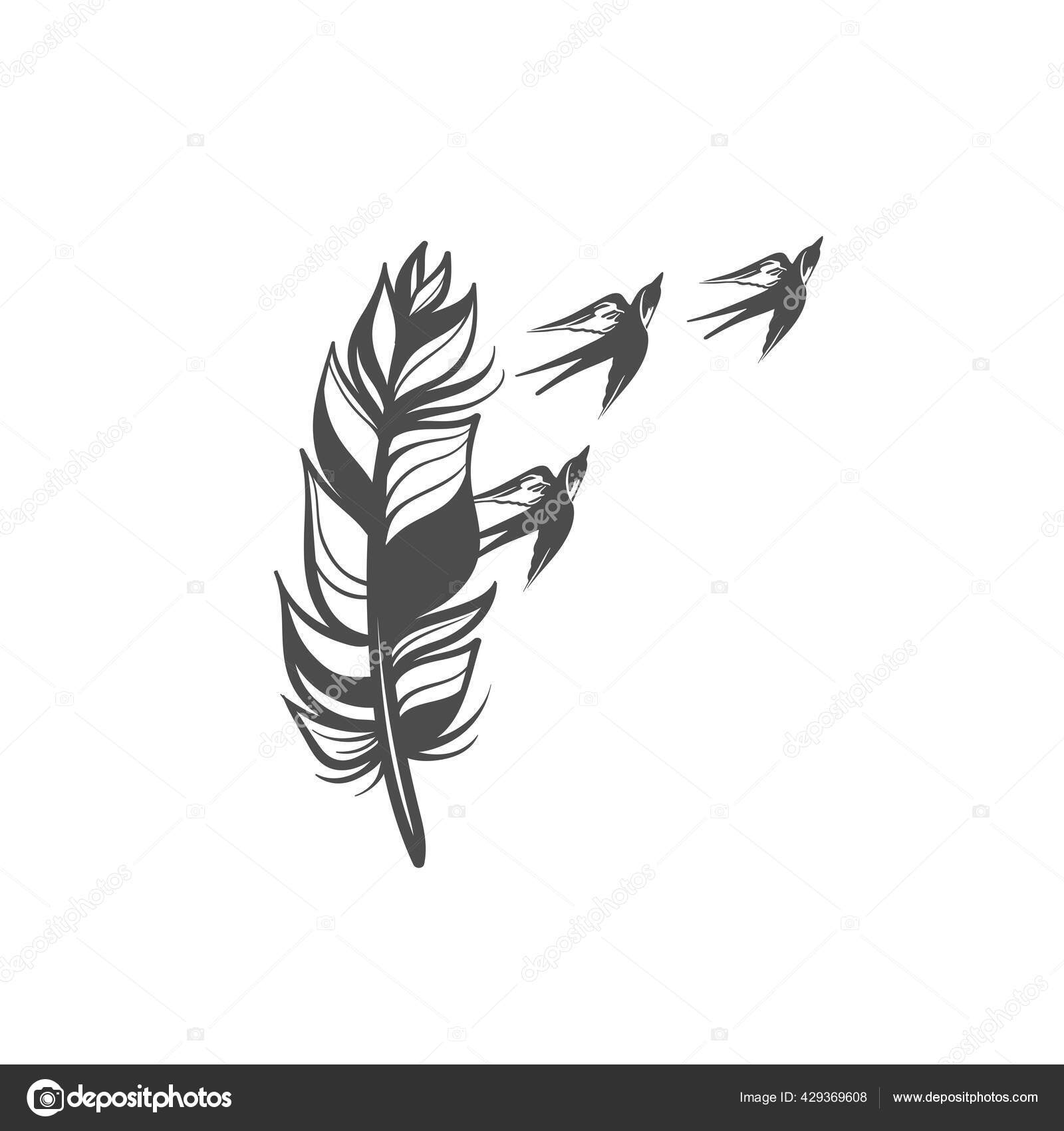Stiliserede Fjer Med Spredte Fugle Form Tatovering Kreativ Skitse Fjer  Stockvektor af ©Littlemagic 429369608, image size:1600x1700