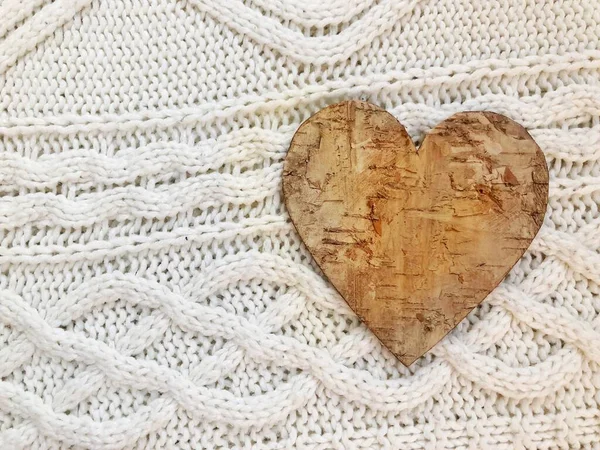 Wooden Heart White Sweater Diy Wooden Heart Beautiful Sweater Background — Stock Photo, Image