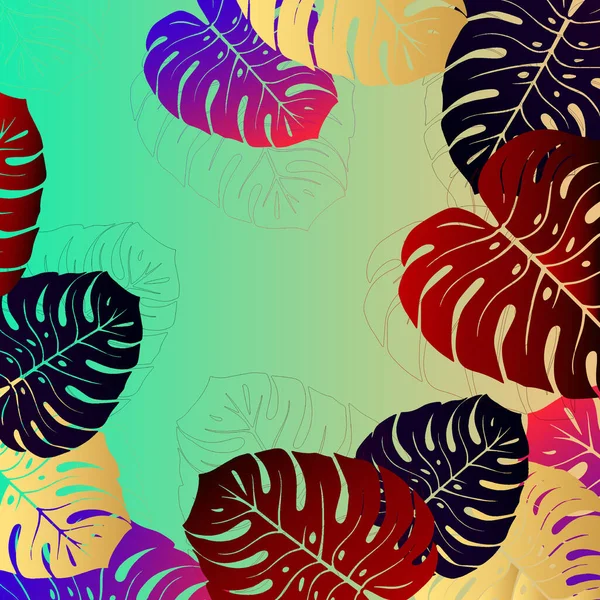 Verano exótica palma tropical floral, hojas de plátano en estilo azul. Hojas exóticas diseño gradiente monstera — Vector de stock