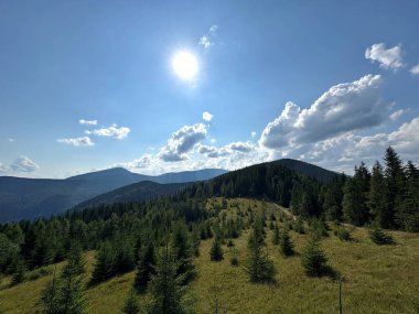 Yeşil ormanı ve mavi yaz gökyüzü olan dağ manzarası. Çam ağaçları ve bulutlarla kaplı tepelerin manzarası